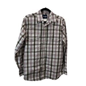 Wrangler Plaid Pearl Snap Long Sleeves Shirt Western Mens Size M Red Tan